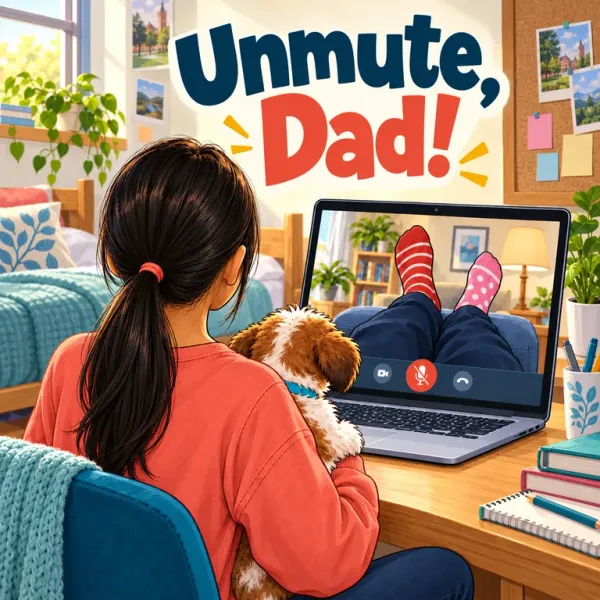 Cover of Unmute, Dad!, showing a girl and her puppy on a video call where only Dad's mismatched socks show